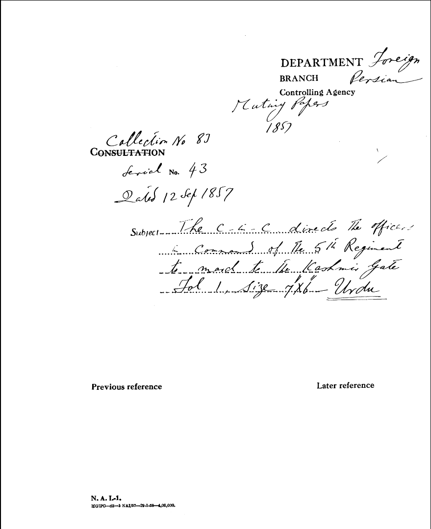 The C-in-C (Mirza Mughal) Directs the officers In Command of the 5th Regiment to March to the Kashmiri Gate.