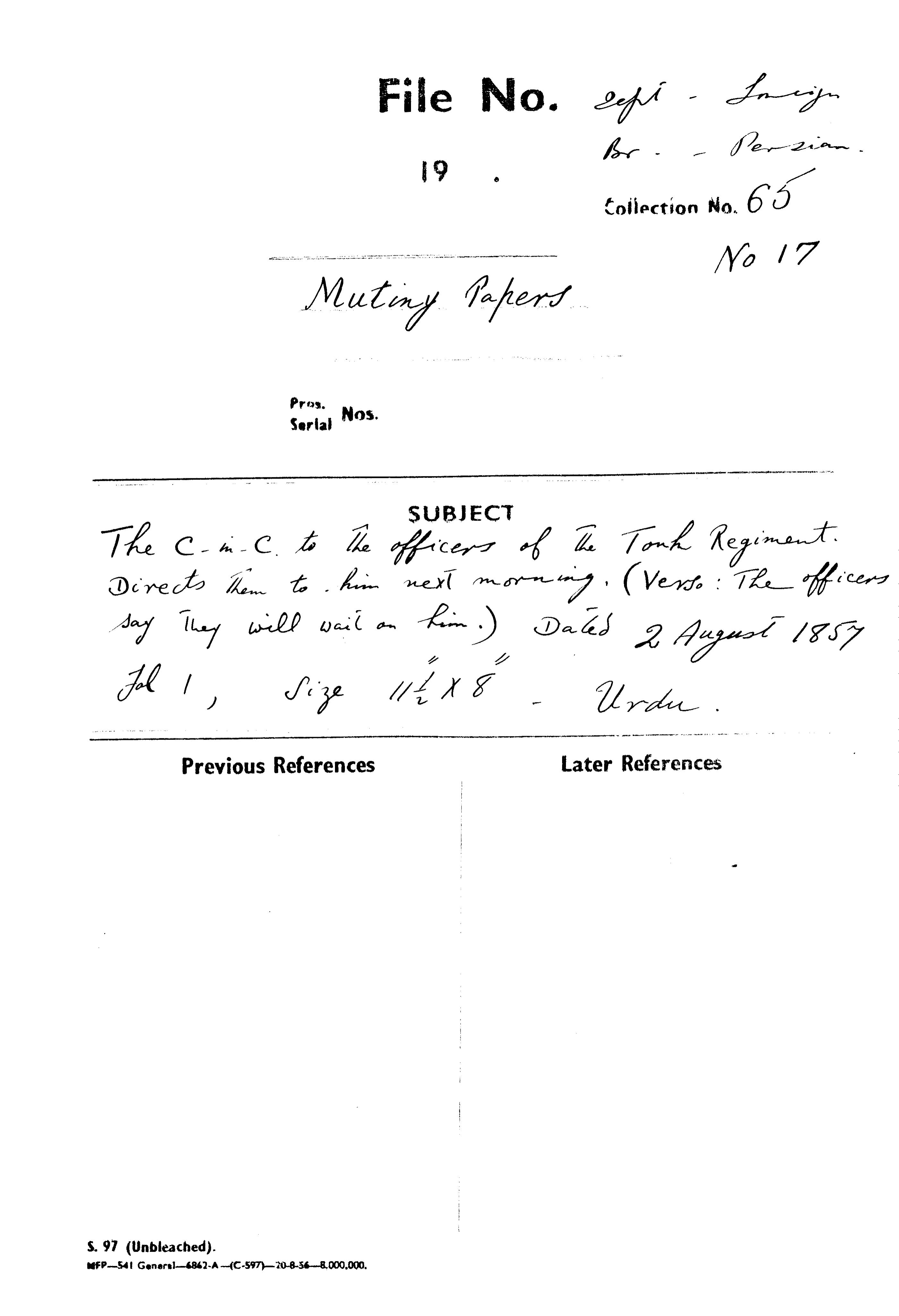The C-in-C (Mirza Mughal) to the officers of the tonk Regiment Directs them to him Next Morning (Verso : the officers Say they Will Wait On Him).