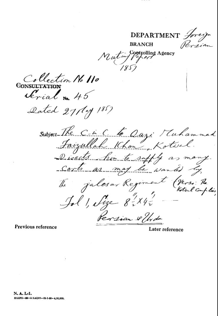 The C-in-C (Mirza Mughal) to Qazi Mhd Faizullah Khan , Kotwal asks him to Supply 500 Coolies and Diggers.