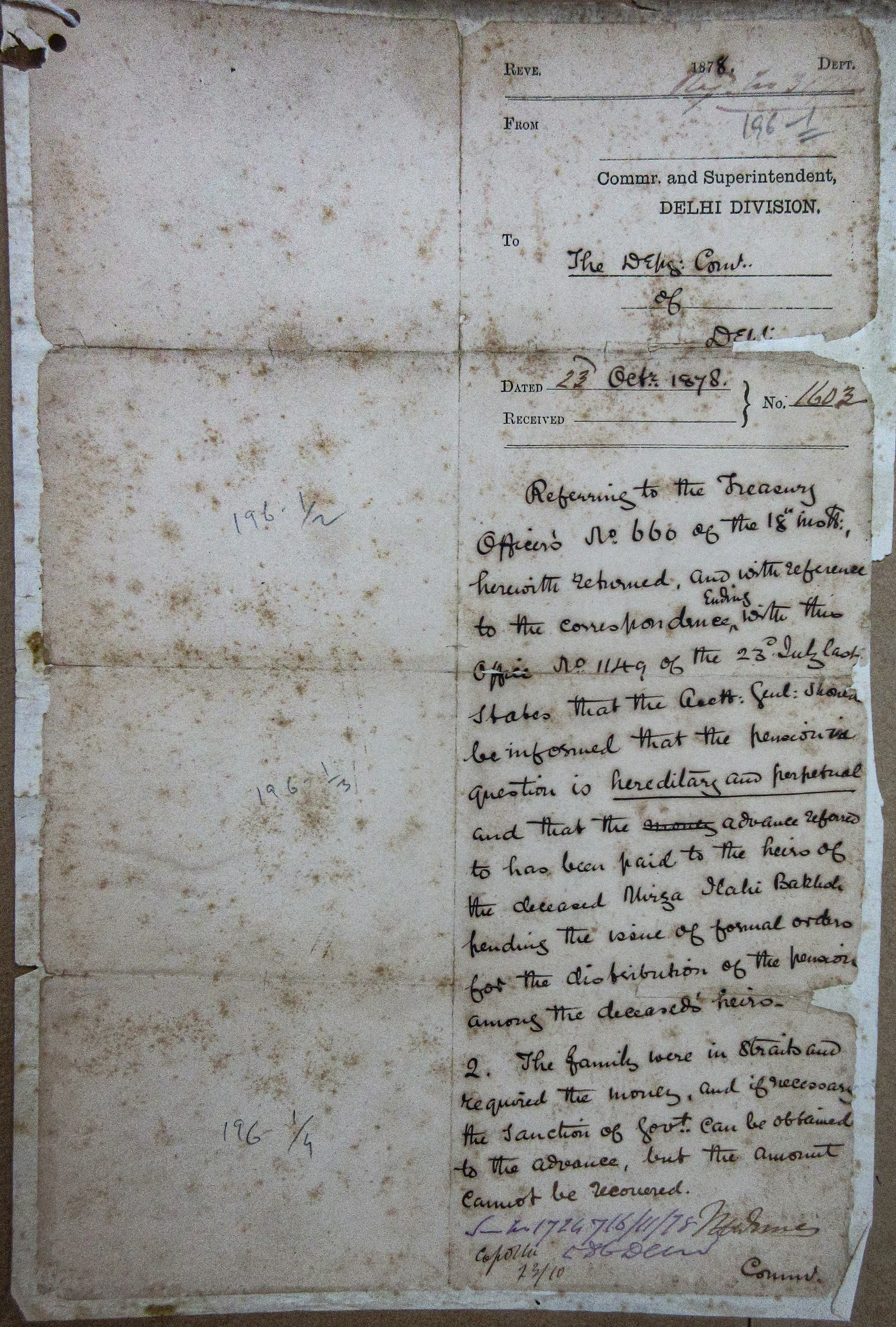 The Deceased Mirza Ilahi Bakhsh Handing the Issue of Formal Order of the Distribution of the Pension Among the Deceased Heirs, File No. 34