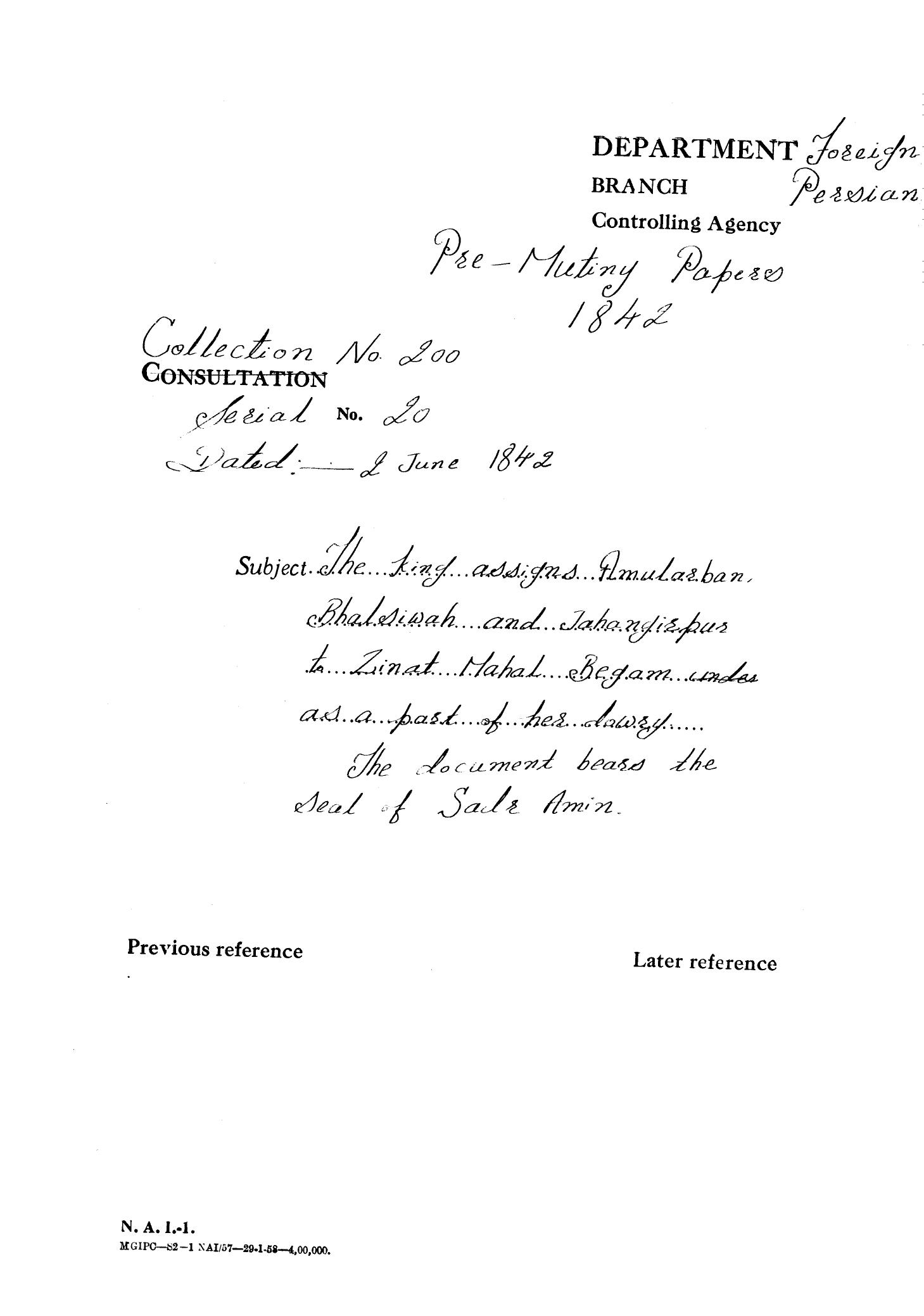 The Emperor assigns Amularban Bahalsiwah and Jahangirpur to Zinat Mahal Begum as a part of her dowry