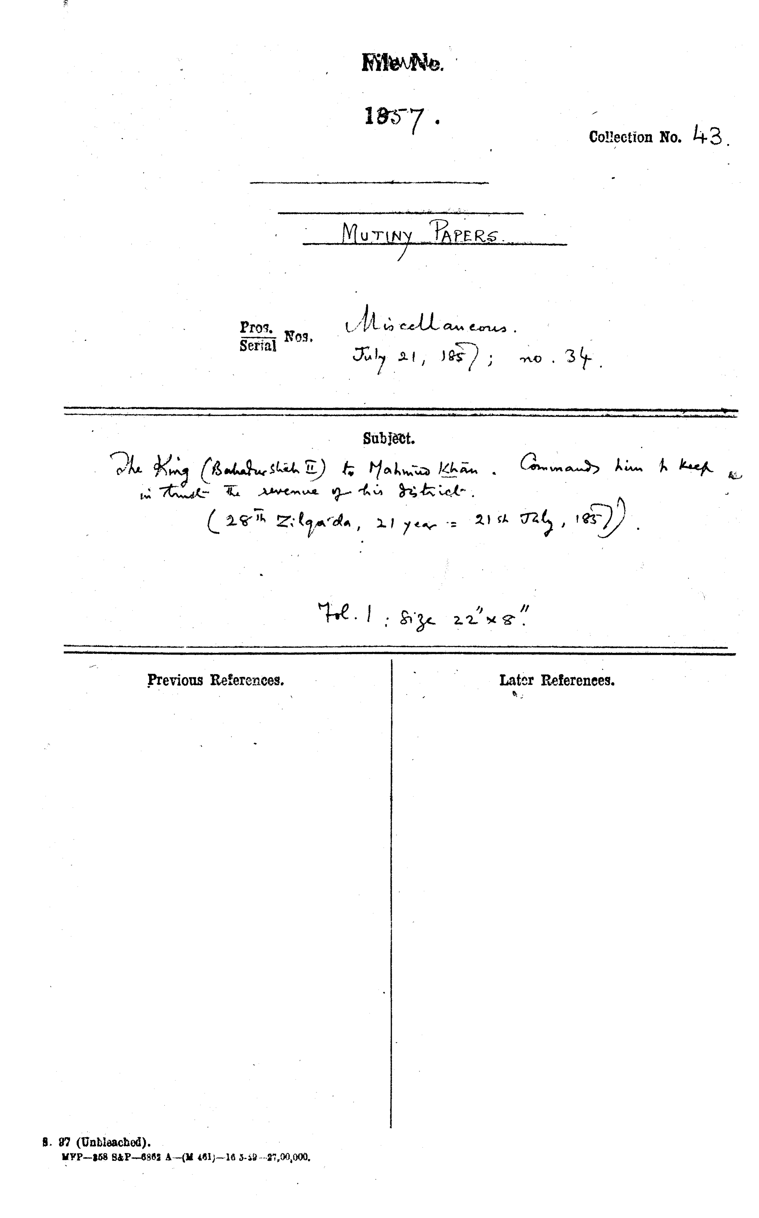 The Emperor (Bahadur Shah II) to Mohammad Khan Command him to Keep In Trust the Revenue of His District.