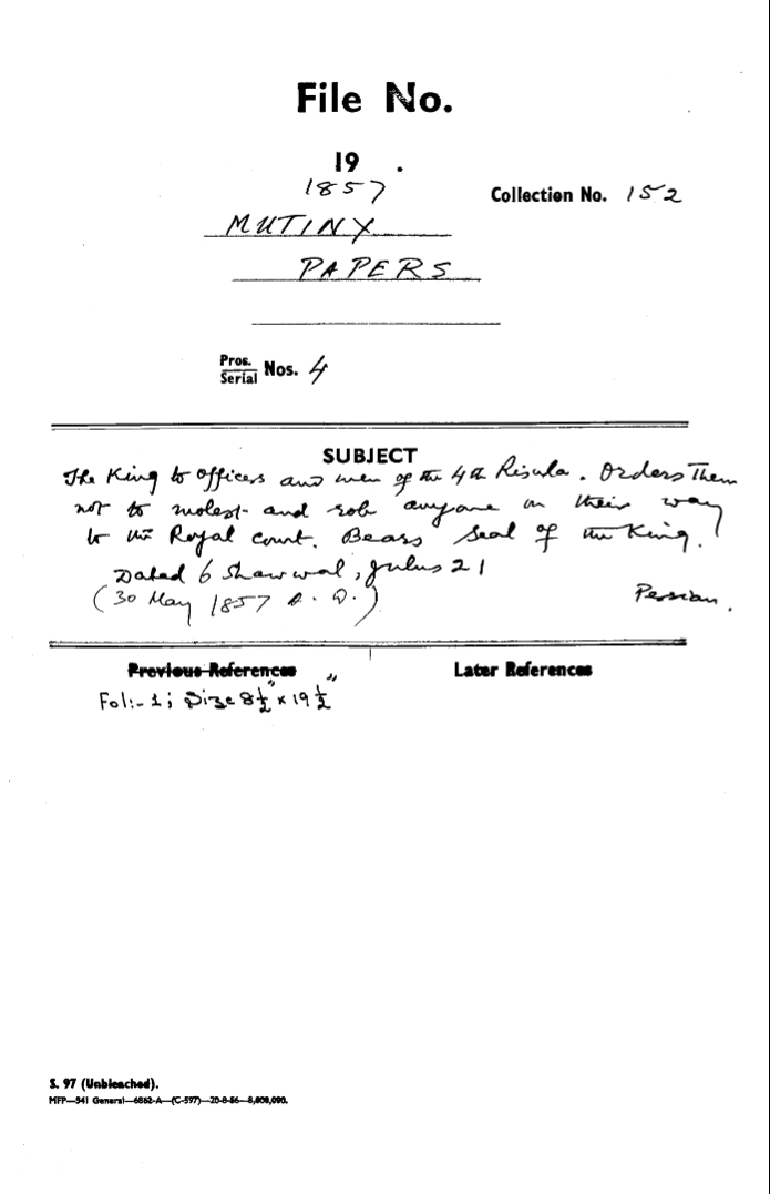 The Emperor to officers and Men of the 4th Risula Orders them Not to Molest and Role anyone In their Way to the Royal Count Bears Seat of Emperor