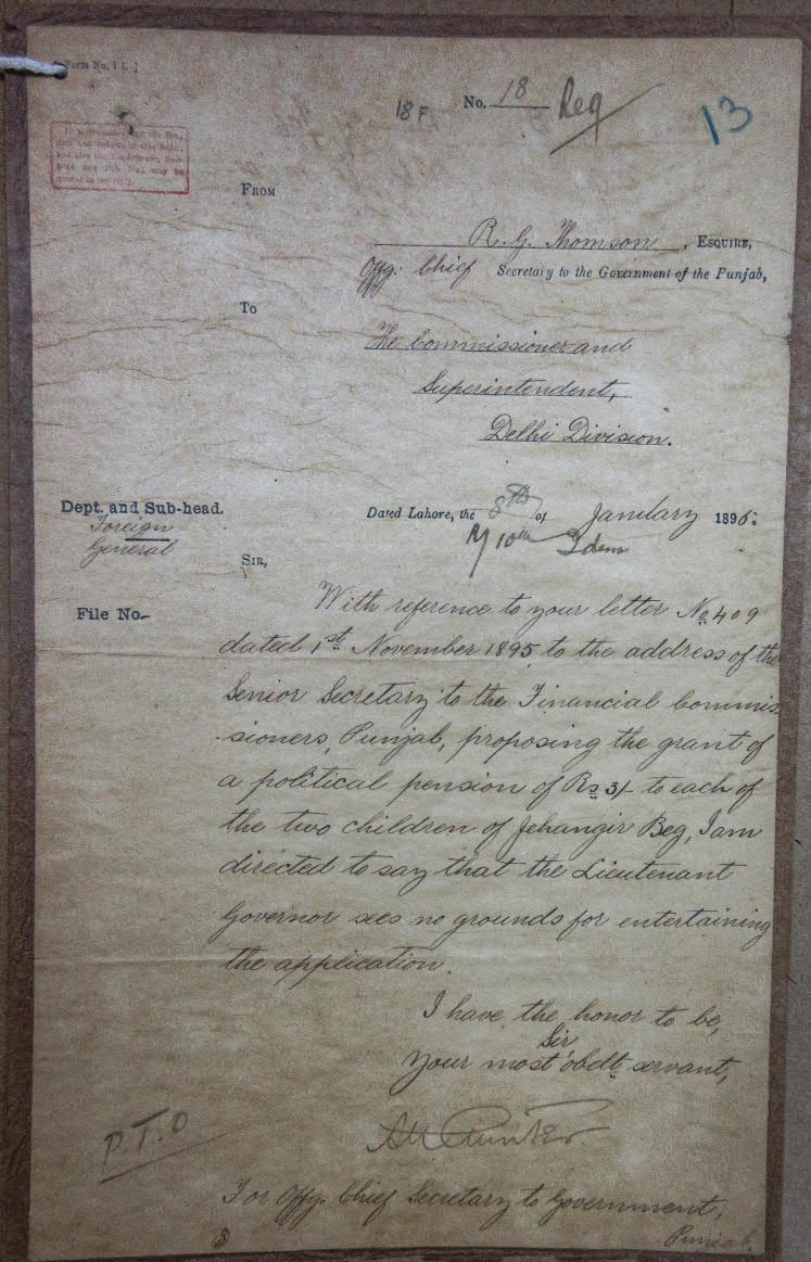 The Grant of a Political Pension of Rs 3/- to Each of the Two Childrens of Mirza Jahangir Bakht Bahadur, File No. 53
