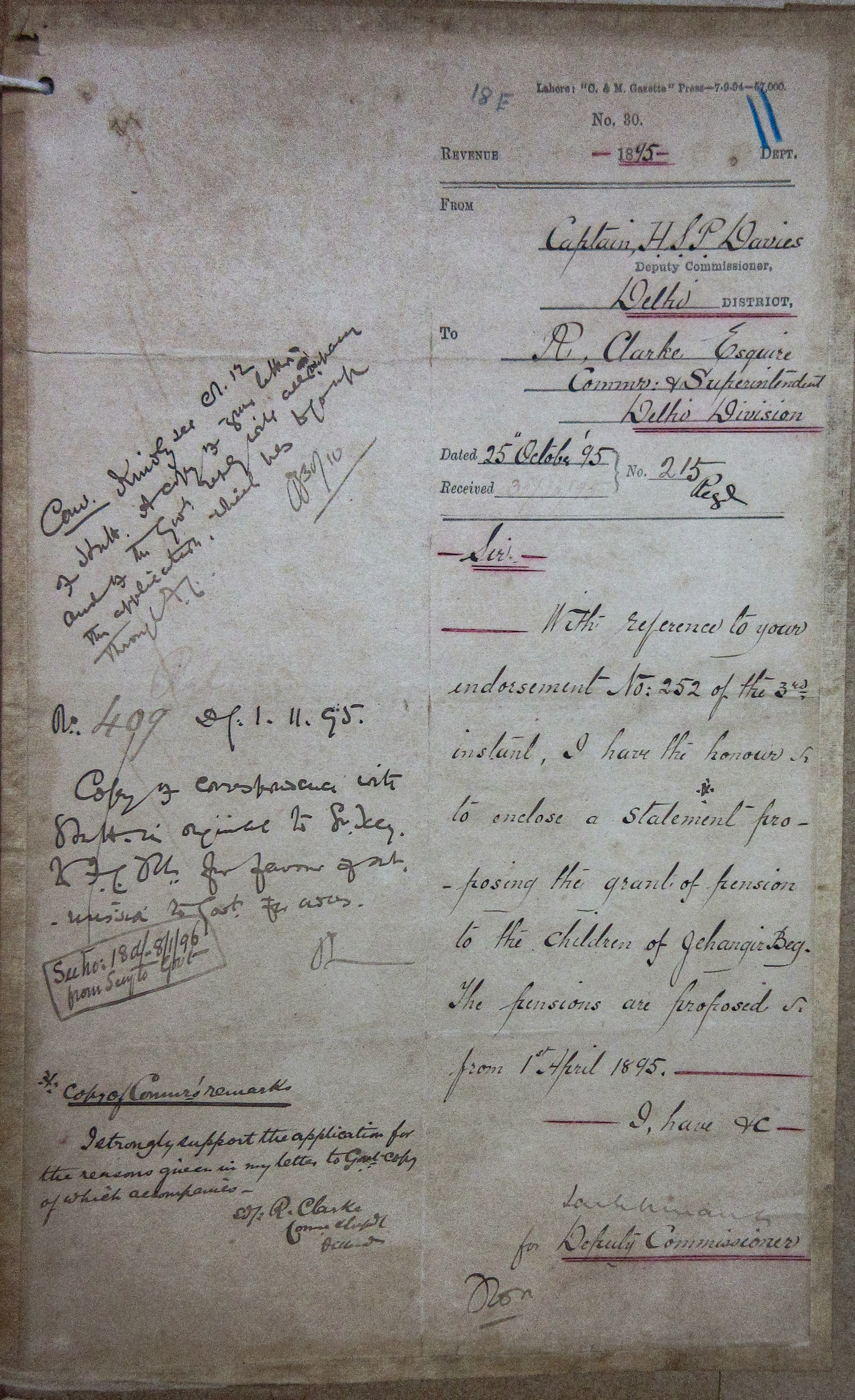 The Grant of Pension to the Children of Jahangir Beg From 01 April 1895, File No. 52