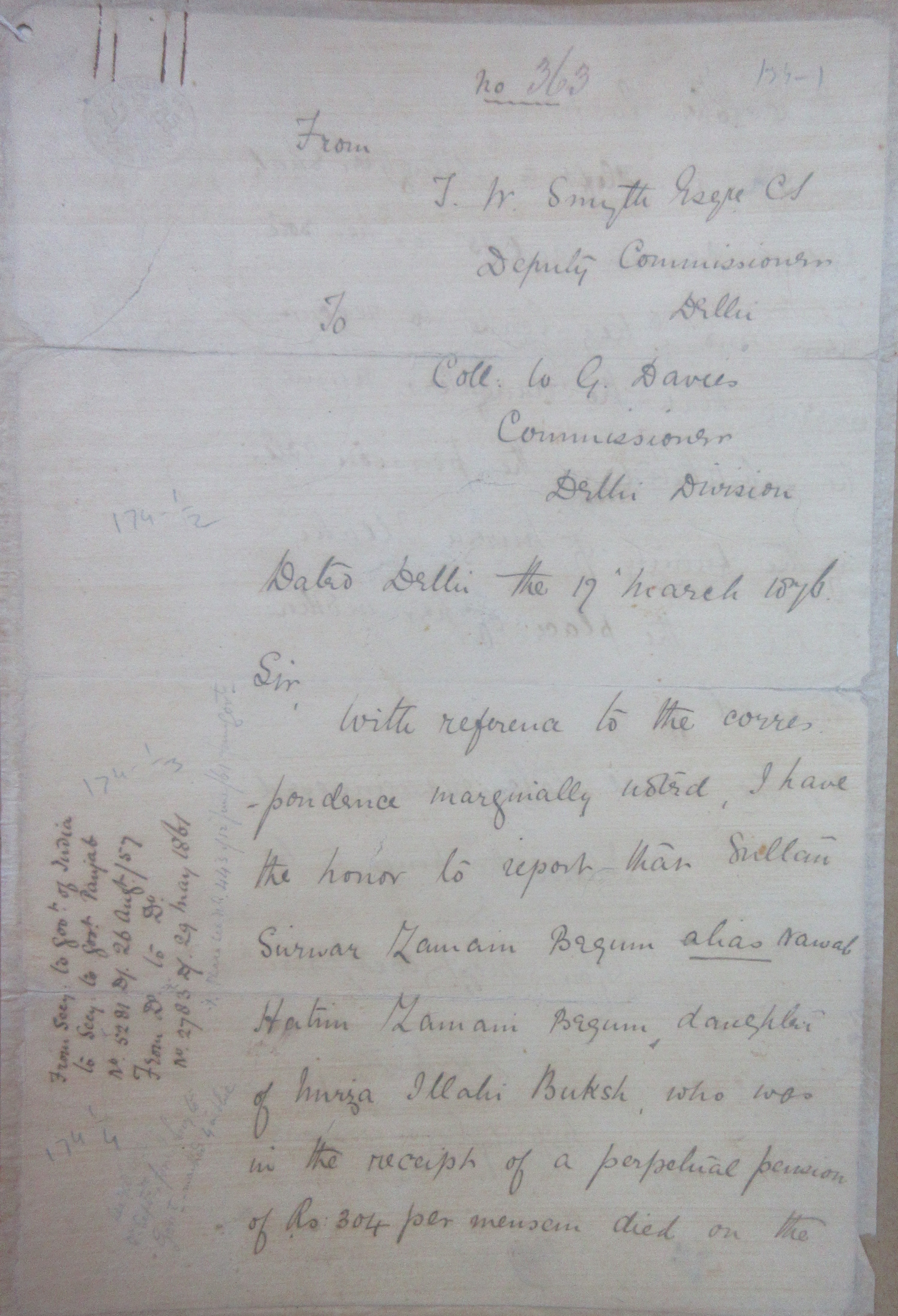 The Honor to Report That Sarwar Sultan Begum Alias Nawab Hatim Zamani Begum d/o Ilahi Bakhsh Who was in the Receipt of Perpetuity Pension of Rs. 304 Per Month File No. 27