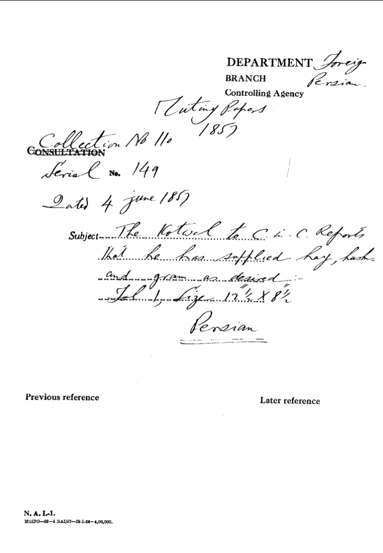 The Kotwal to C-in-C (Mirza Mughal) Reports that he Has Supplied Hay Husks and Gram as Desired.