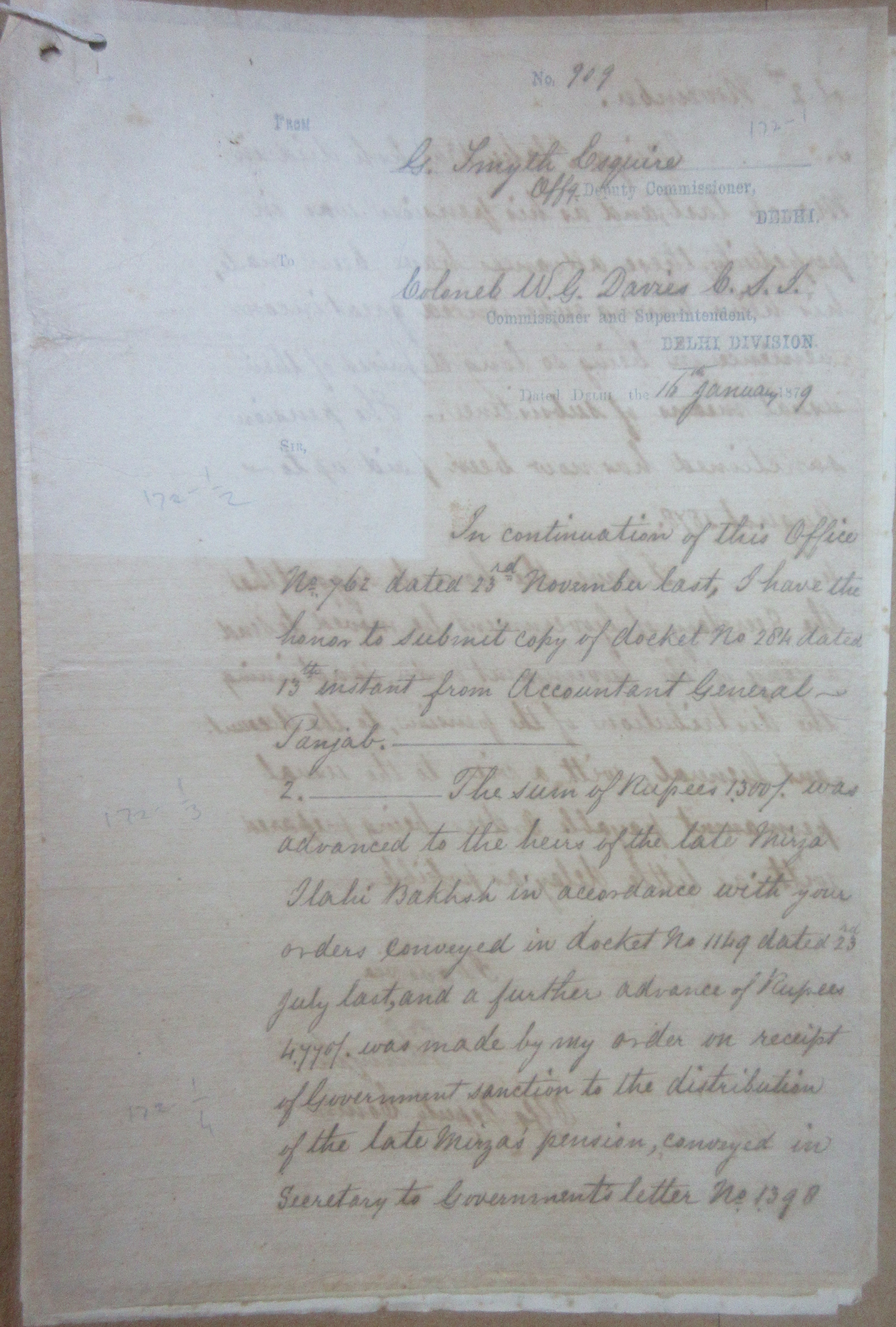 The Last Submit Copy of Accountant Generals Instants Request He Will Move the Secretary to Government of Punjab to Send to the Accountant General a Copy of the Govt. Orders Sanctioning the Distribution of Mirza Ilahi Bakhsh Pension to His Heirs, File No. 37