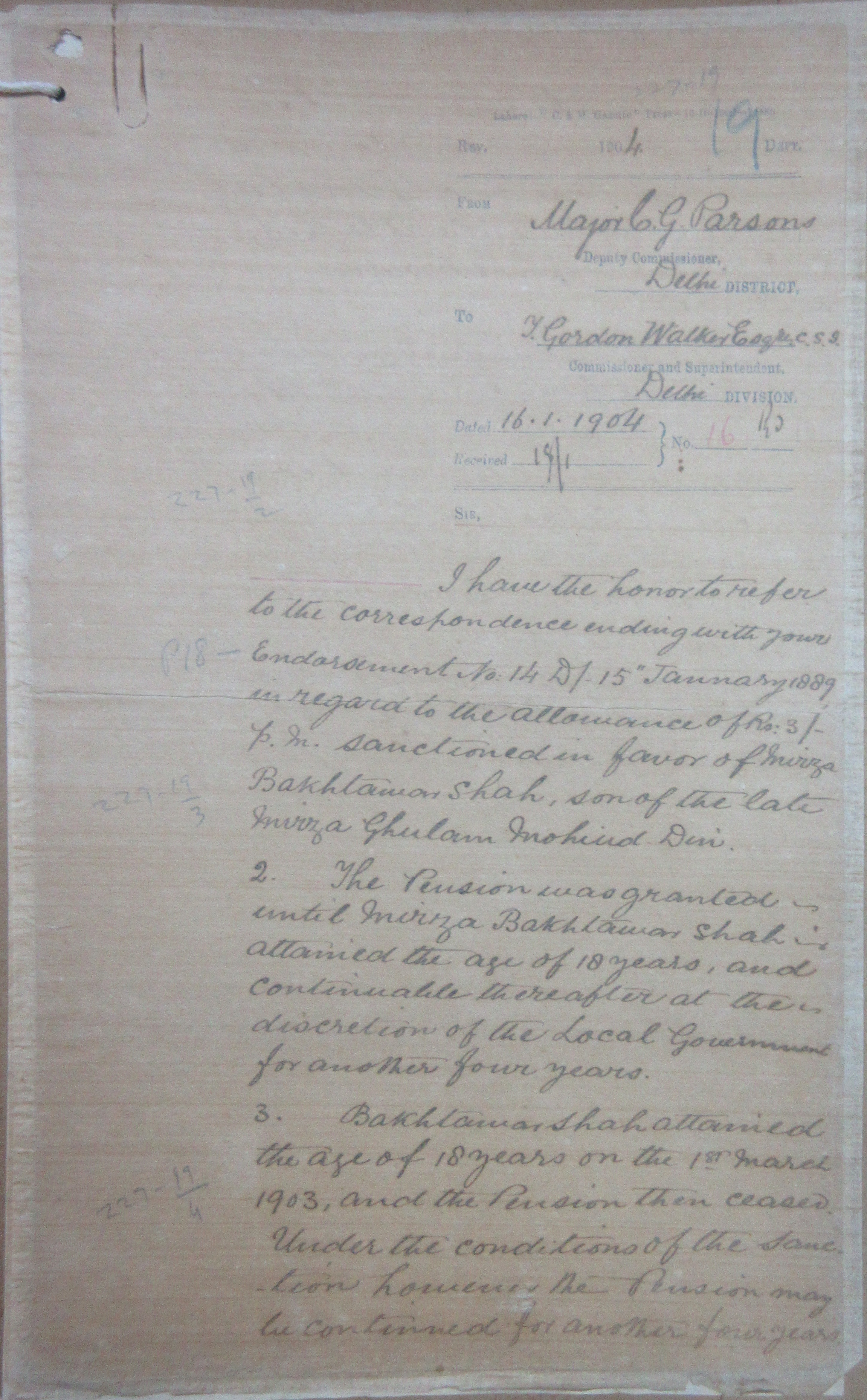 The Pension was Granted Until Mirza Bakhtawar Shah Allowed The Age of 10 Years (Son of Ilahi Mirza Ghulam Mohiuddin), File No. 54