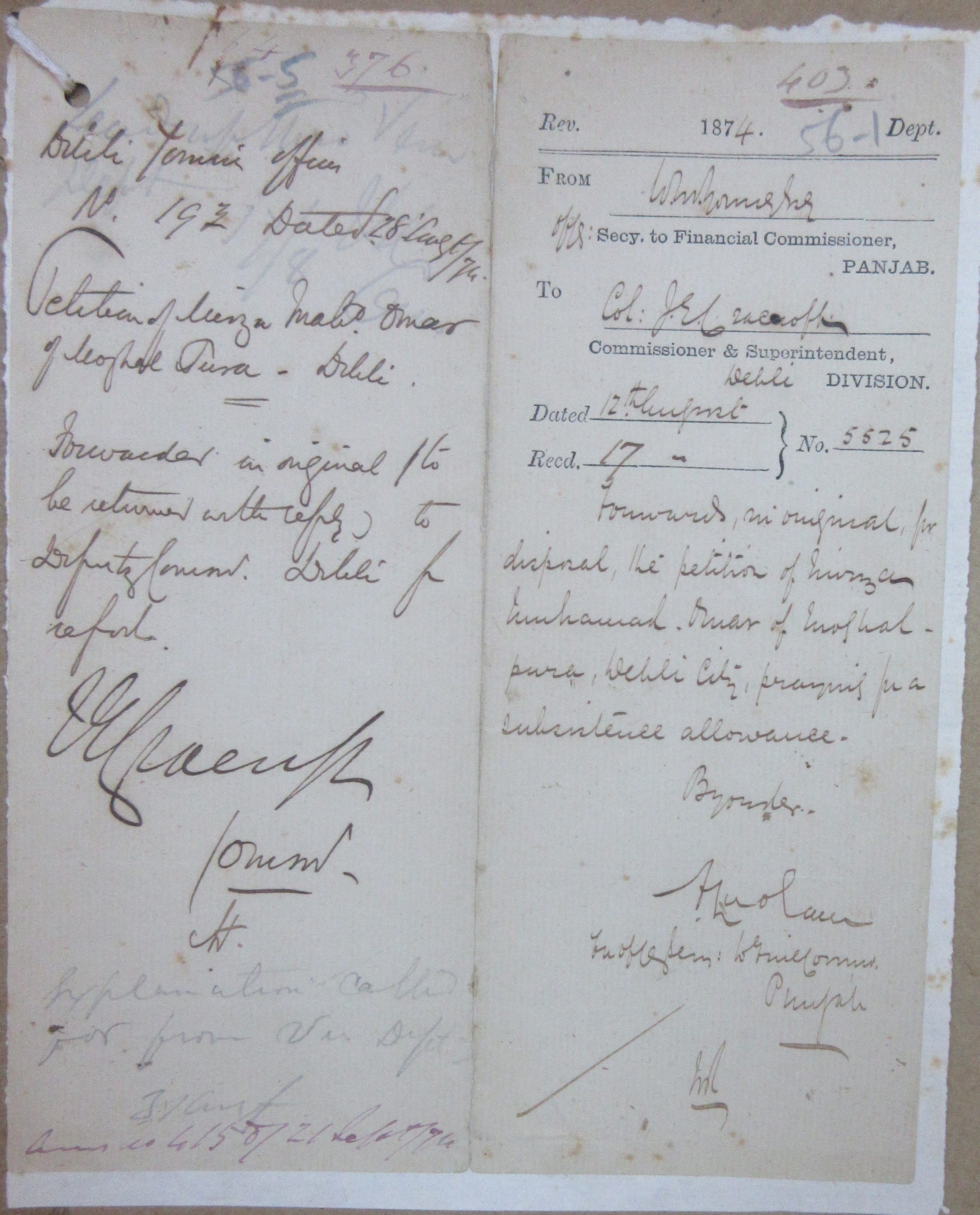 The Petition of Mirza Muhammad Umer of Mushalpur Delhi Requesting For Pensions to a Subsistence Allowance, File No. 25