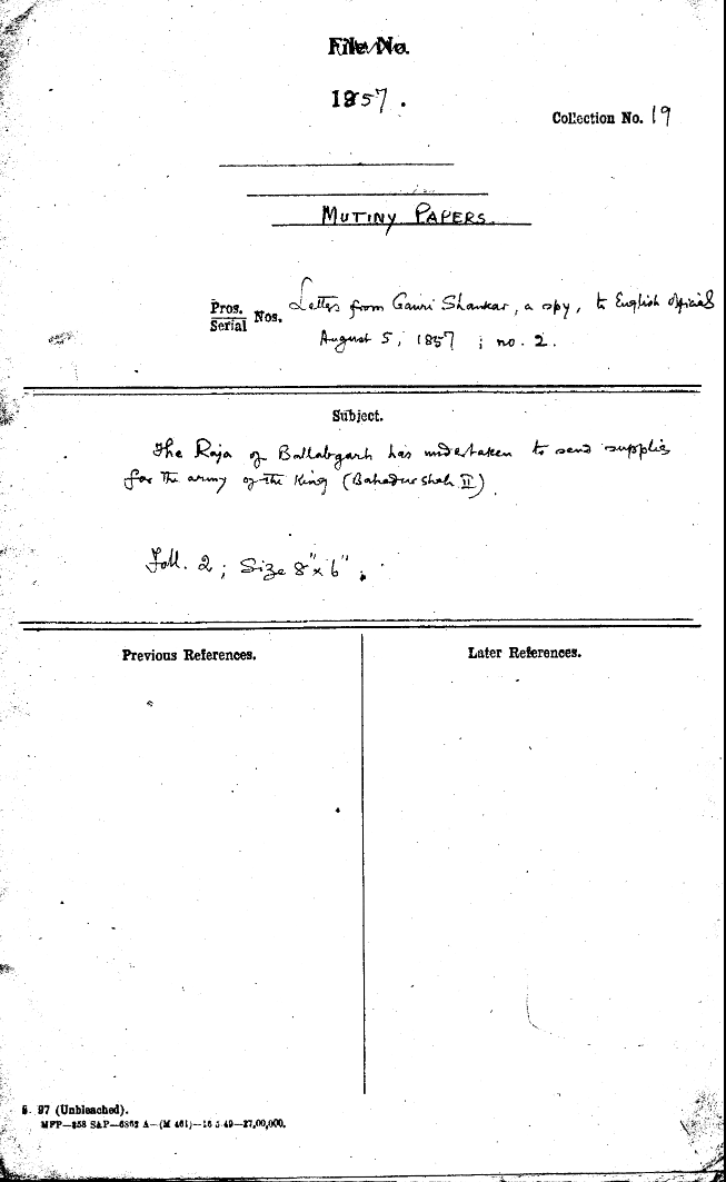 The Rajah of Ballard Has Undertaken to Send Supplies For the army of the Emperor (Bahadurshah II).