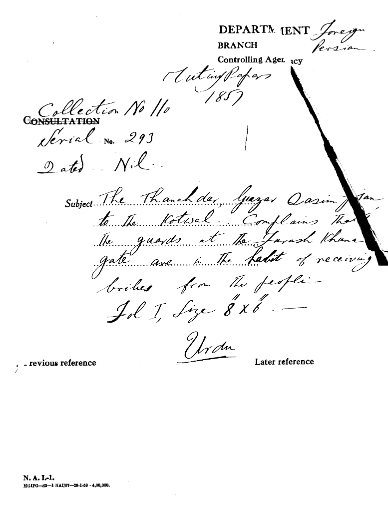 The Thanahdar Guzar Qasim Jan to the Kotwal Complains that the Guards at the Farash Khan a Gate are In the Halit of Receiving Bribes From the People.