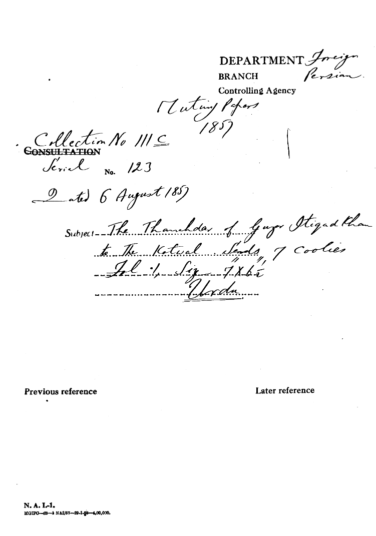 The Thanahdar of Guzar Itiqad Khan to the Kotwal. Sends 7 Coolies.