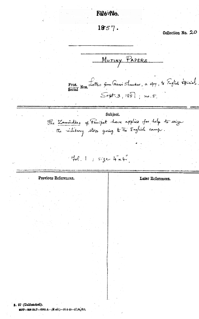 The Zamindars of Panipat Have applied For Help to Seize the Military Stores Going to the English Camp.