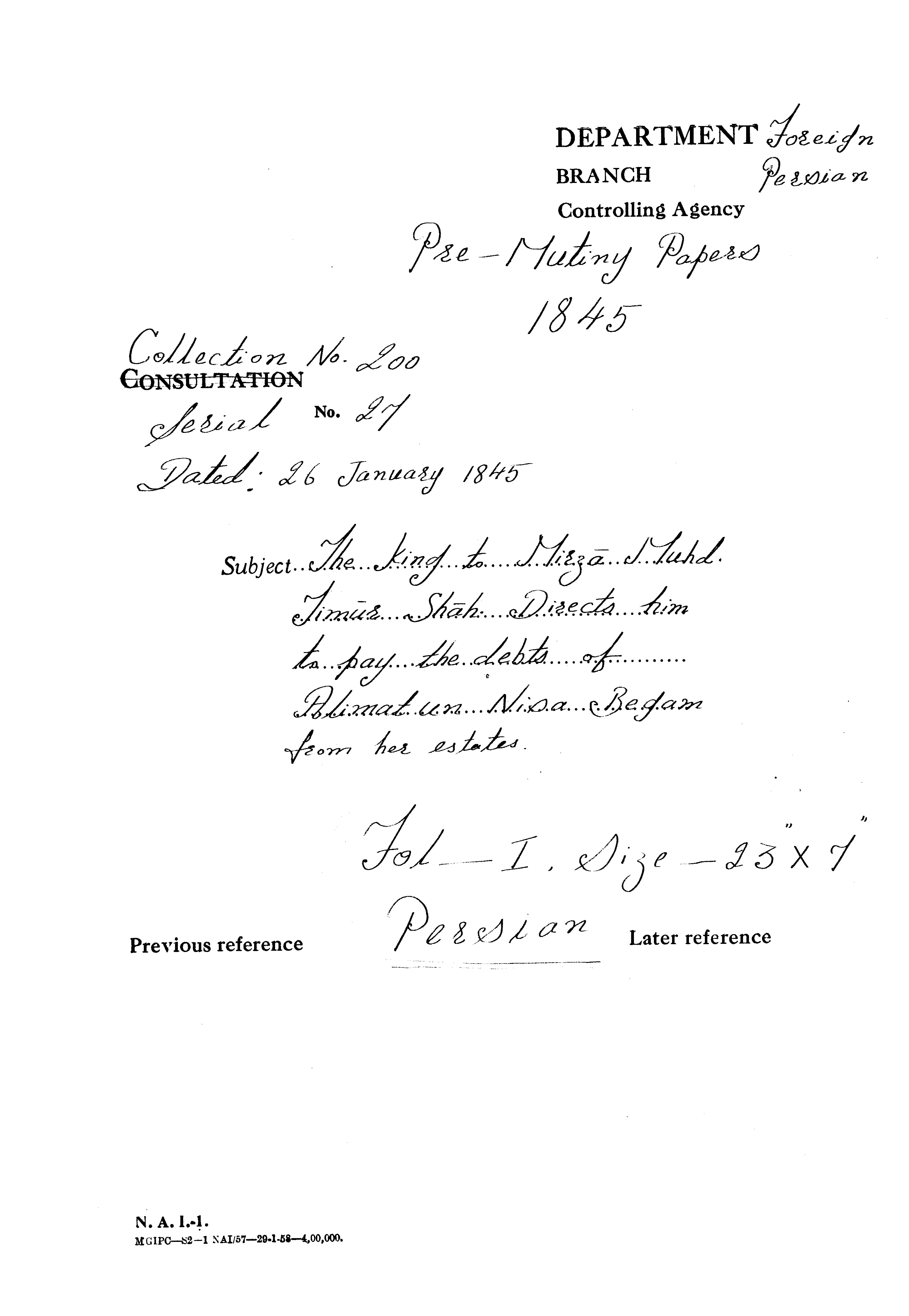 Timur Shah Directs him to pay the debts of Alimat un nisa Begum from his estates