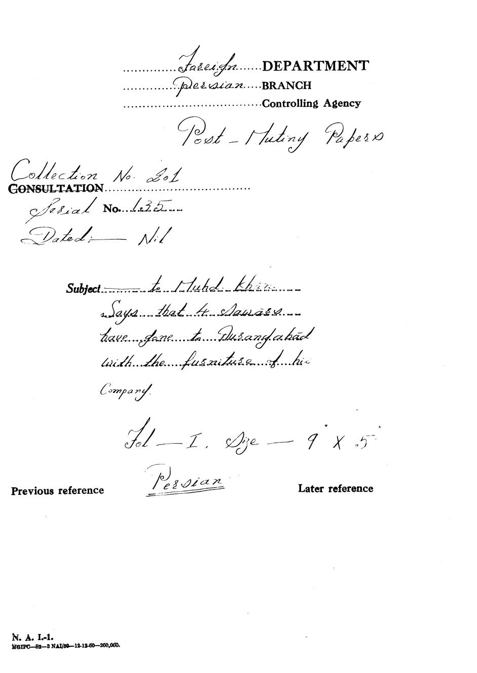 To Muhd Khan Says that 4 sawars have gone to Aurangabad with the furniture of his company.