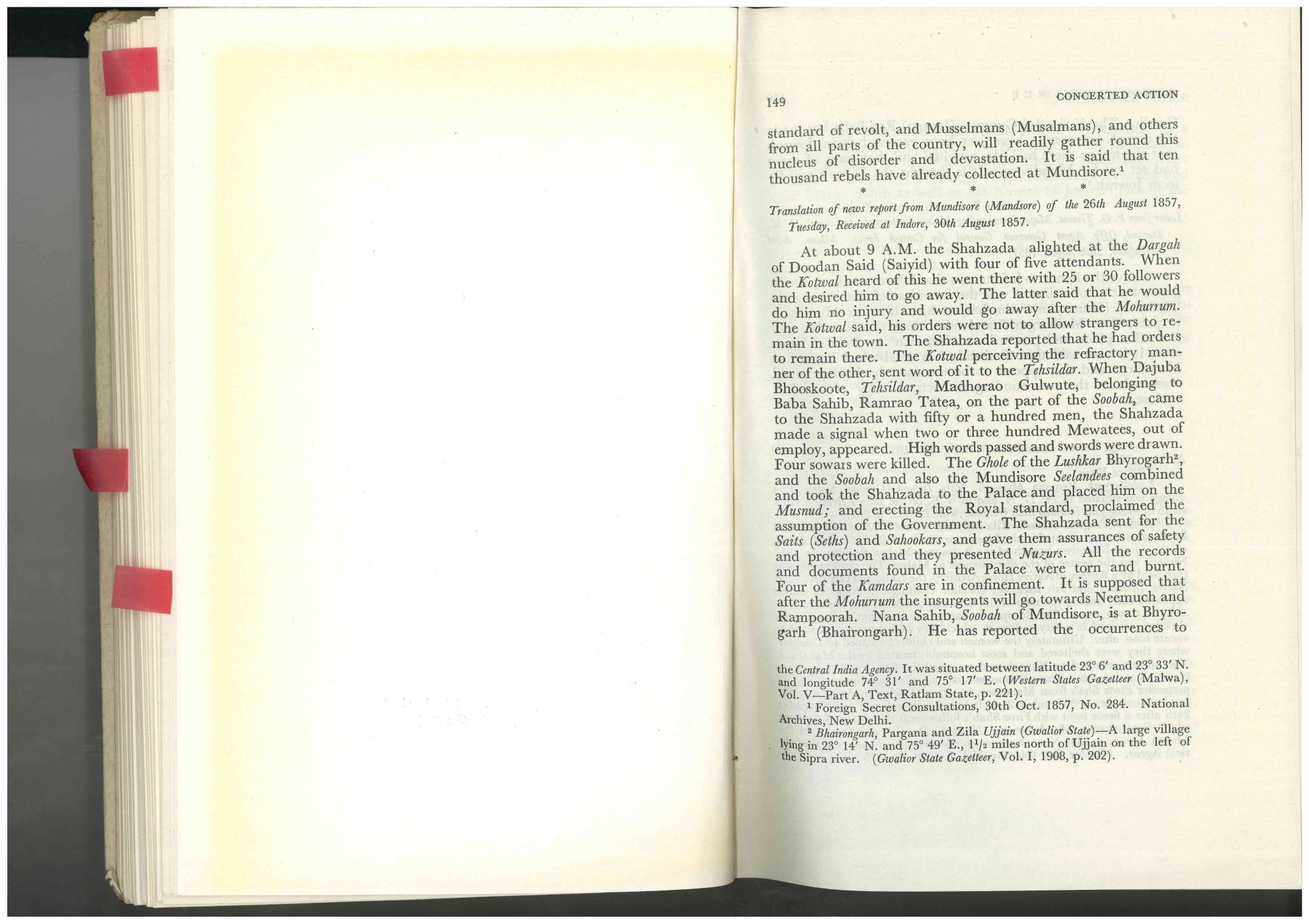 Translation of news report from Mundisore (Mandore) of the 26th August 1857 Tuesday received at Indore 30th August 1857.