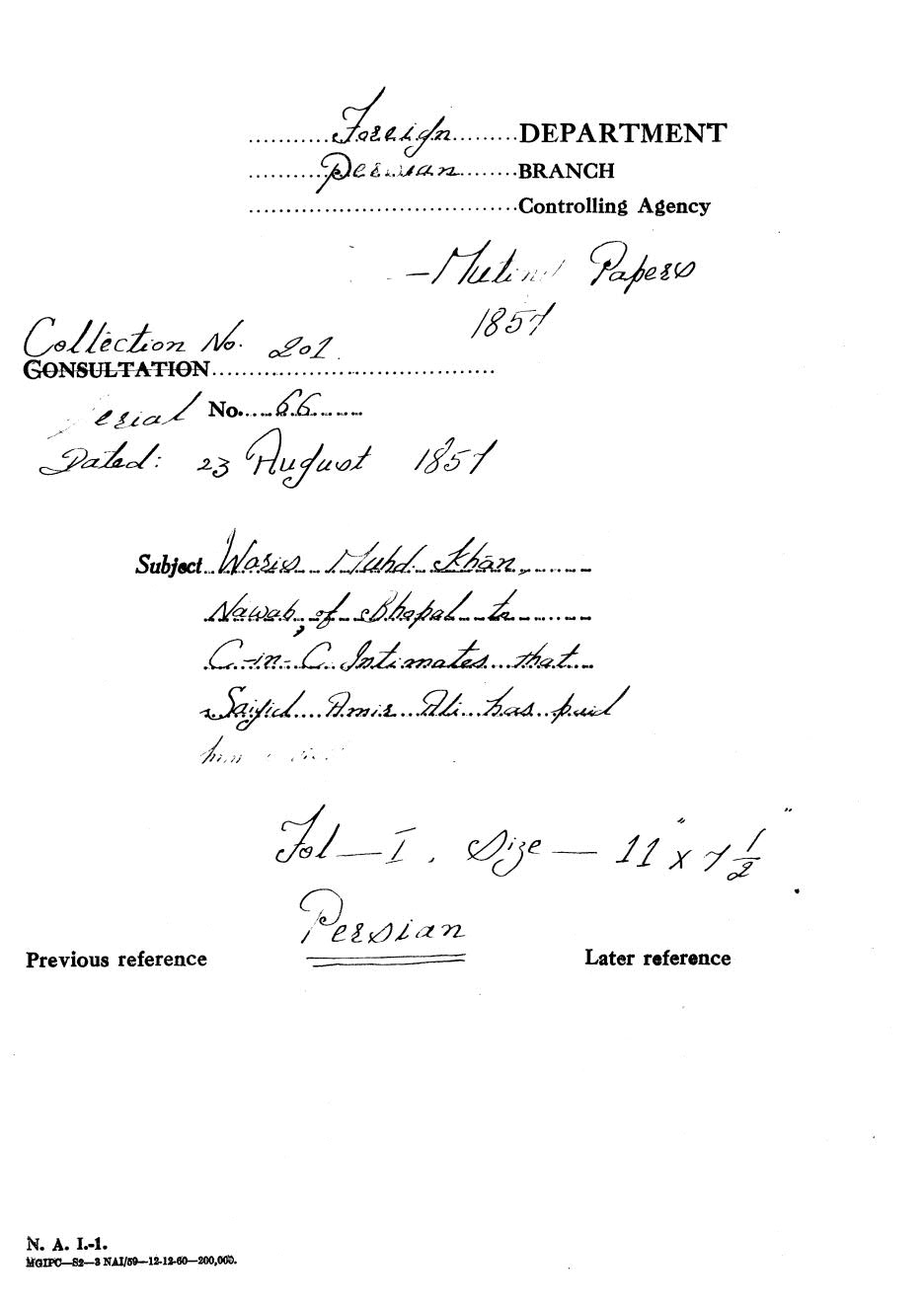 Waris Muhammed  Khan Nawab , of Bhopal to C-in-C Intimates that Saiyid Amir Ali has Paid