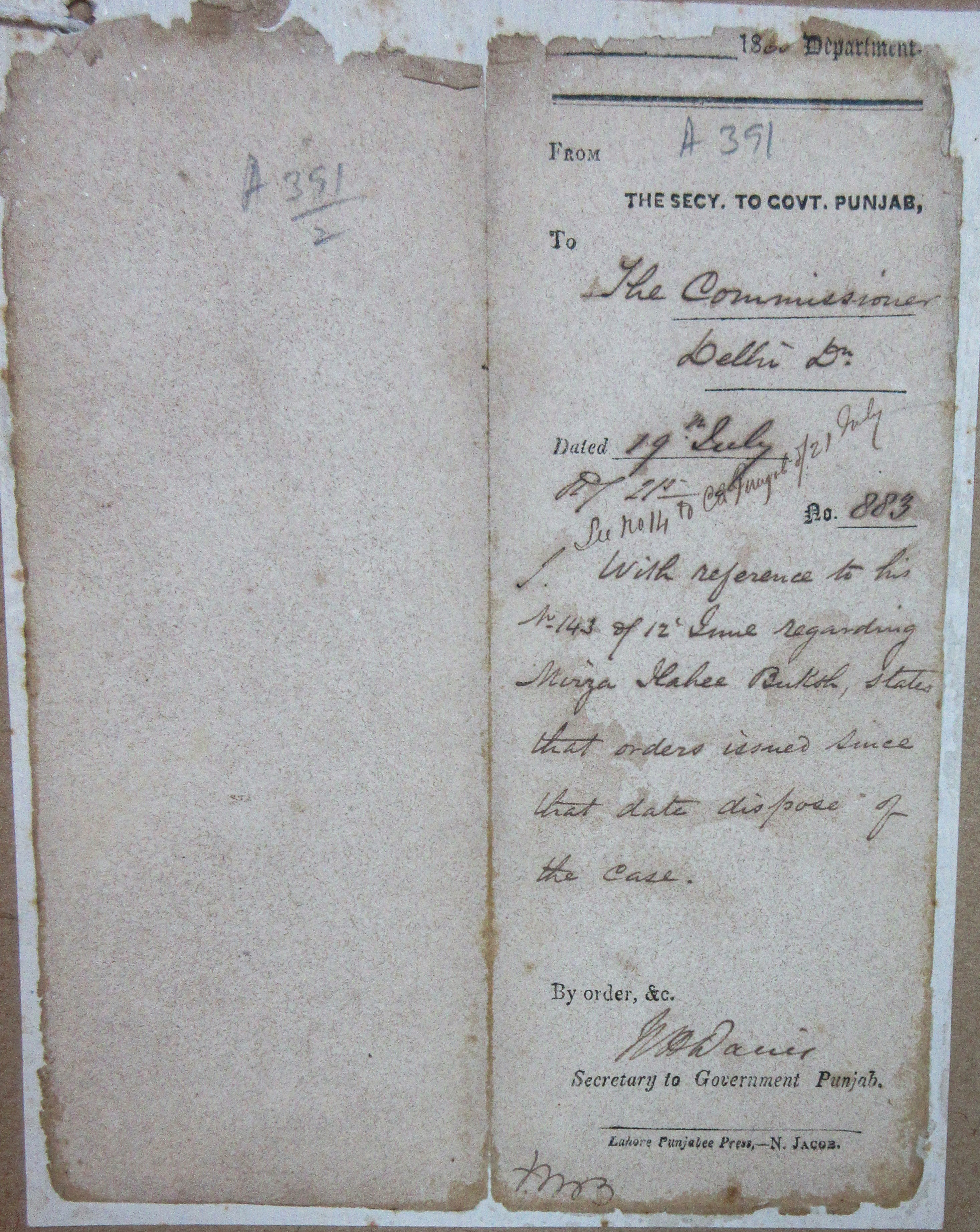 With Reference to his No.143 of 12 June Regarding Mirza Ilahi Baksh File No.11