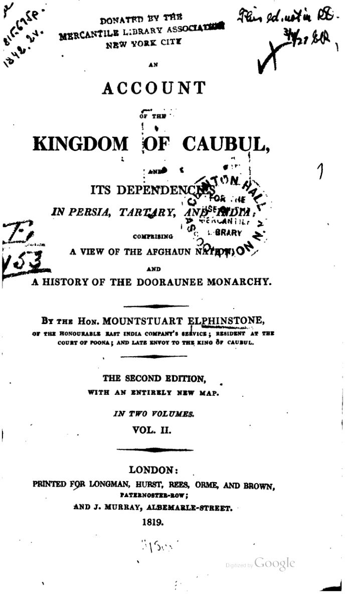 An Account of the Kingdom of Caubul, and Its Dependencies in Persia, Tartary