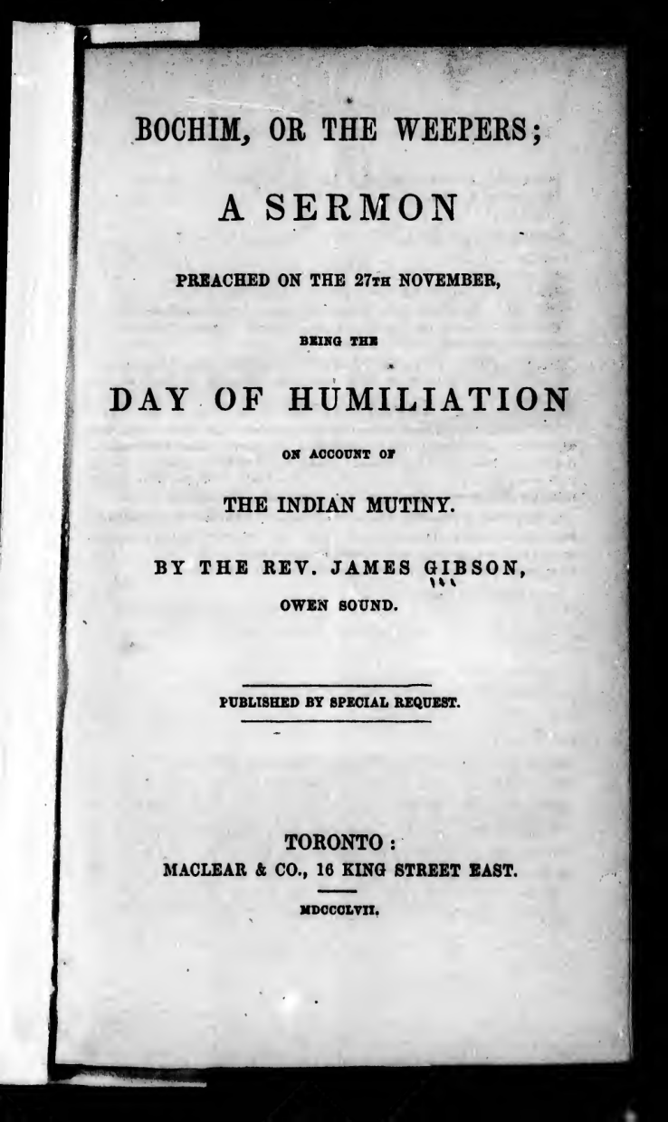 Bochim, Or The Weepers: A Sermon Preached On The 27th November, Being The Day Of Humiliation On Account Of The Indian Mutiny