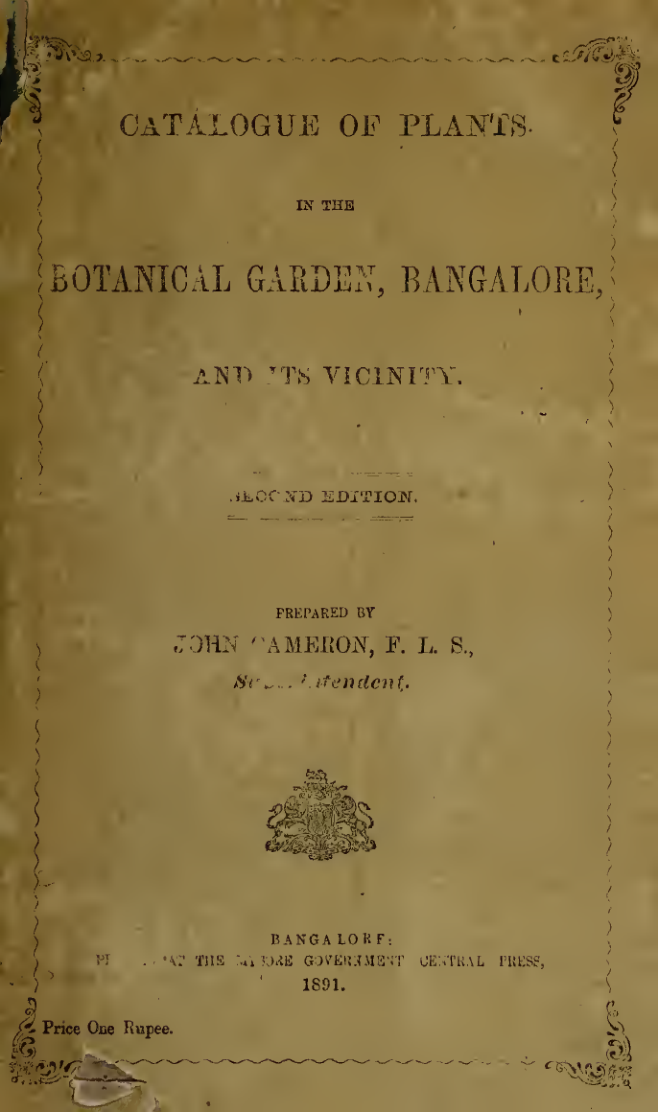 Catalogue of plants in the Botanical Garden, Bangalore, and its vicinity