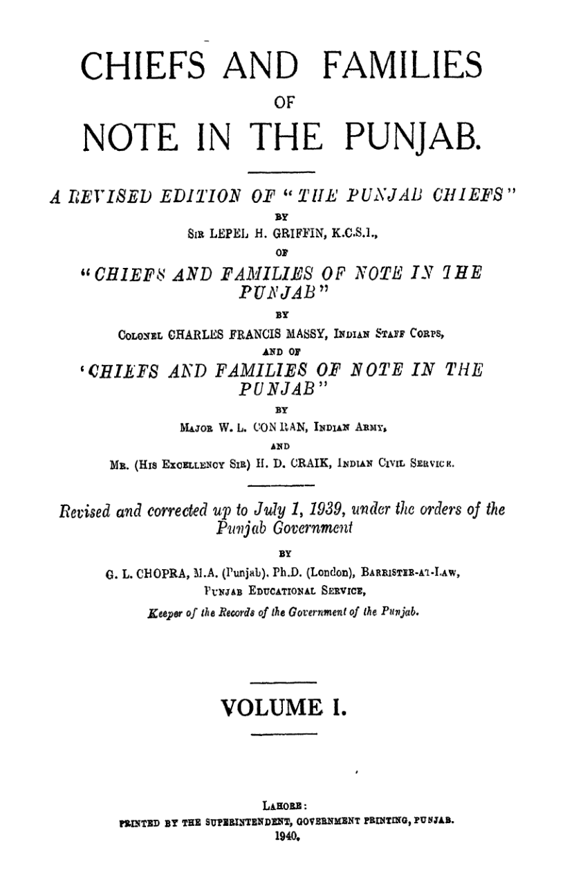 Chiefs And Families Of Note In The Punjab Vol-1