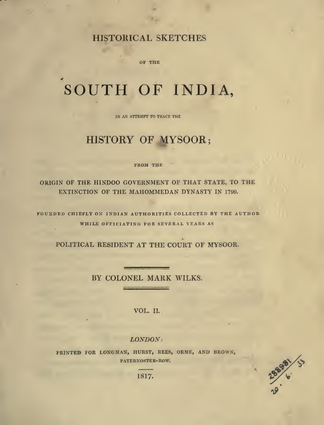 HISTORICAL SKETCHES OF THE SOUTH OF INDIA Vol II