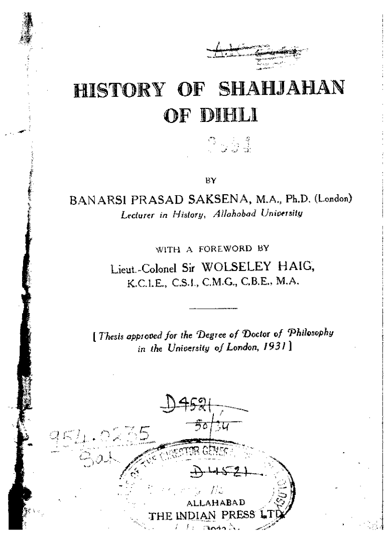History Of Shahjahan  Of Delhi 1932