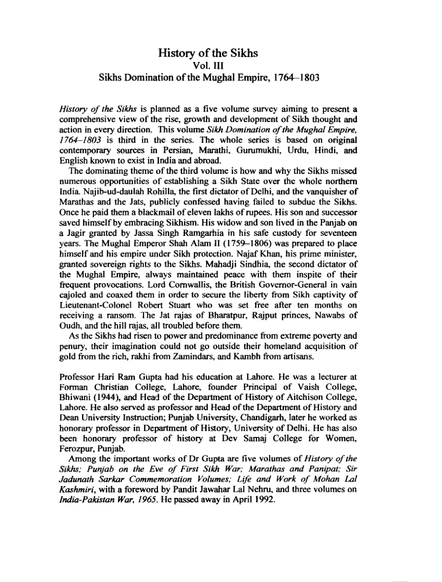 History Of The Sikhs Vol. III Sikh Domination Of The Mughal Empire