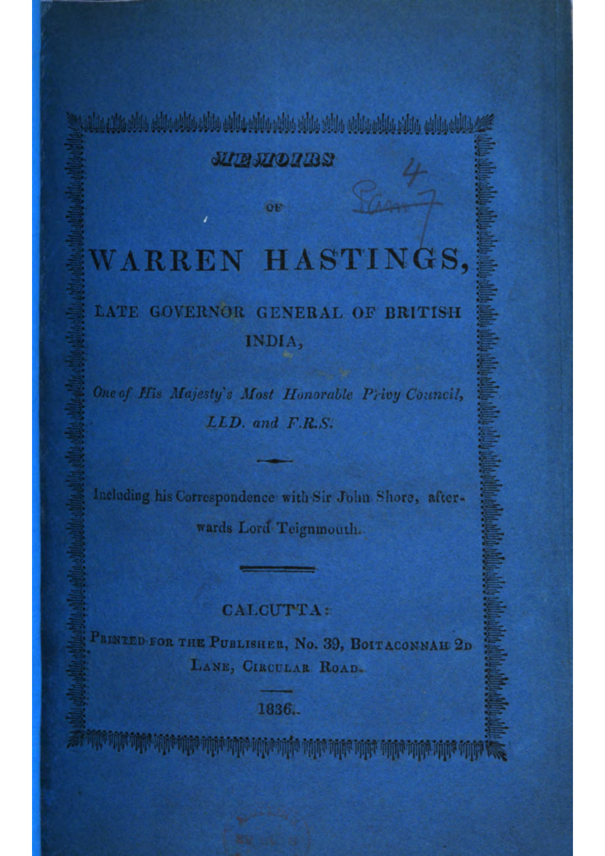 Memoirs of Warren Hastings : Late Governor General Of British