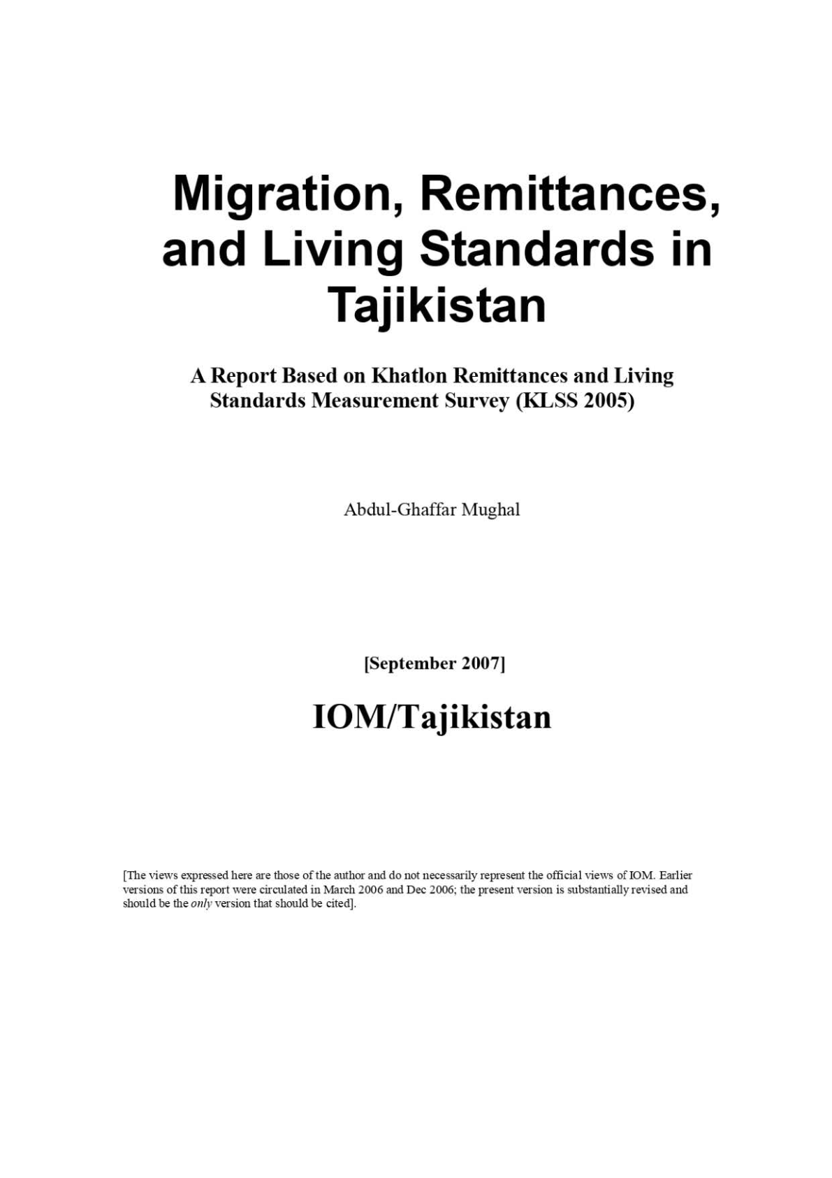 Migration, Remittances, and Living Standards in Tajikistan