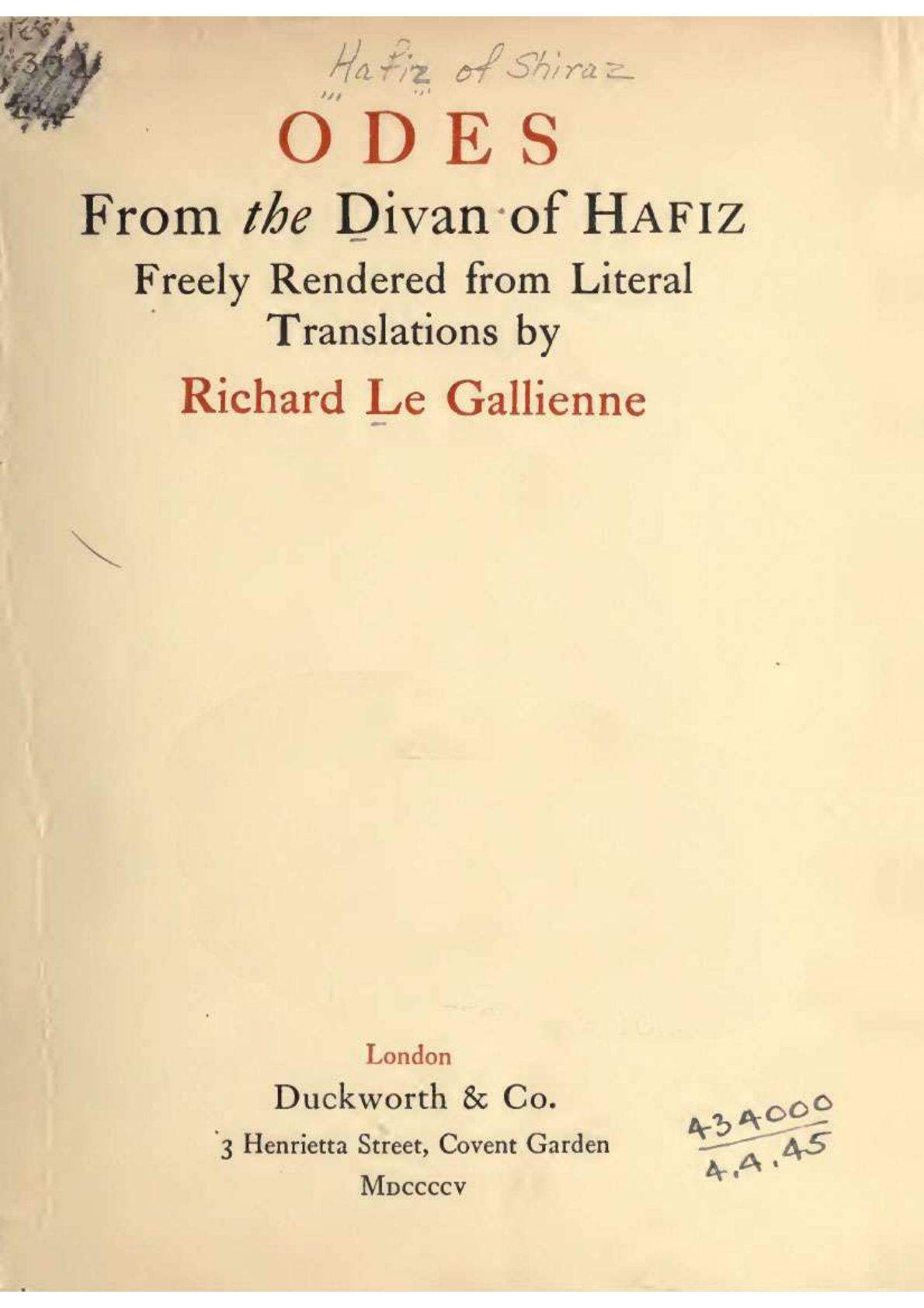 Odes from the Divan of Hafiz