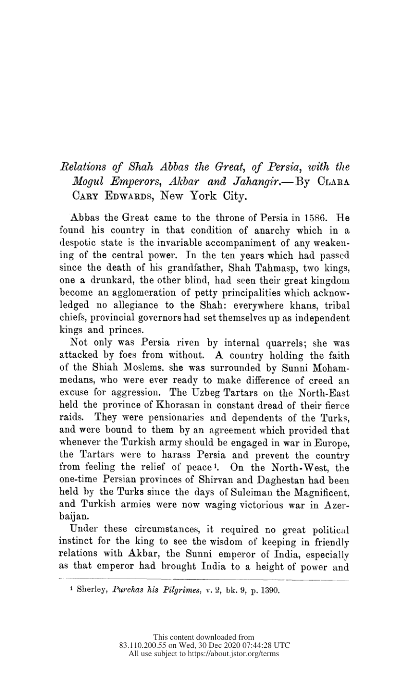 Relations of Shah Abbas the Great, of Persia, with the Mogul Emperors, Akbar and Jahangir