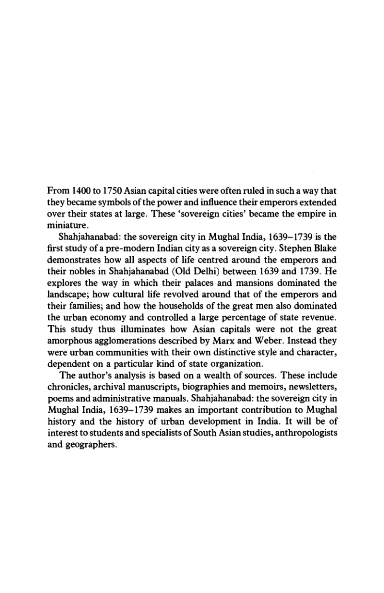 SHAHJAHANABAD: THE SOVEREIGN CITY IN MUGHAL INDIA, 1639-1739