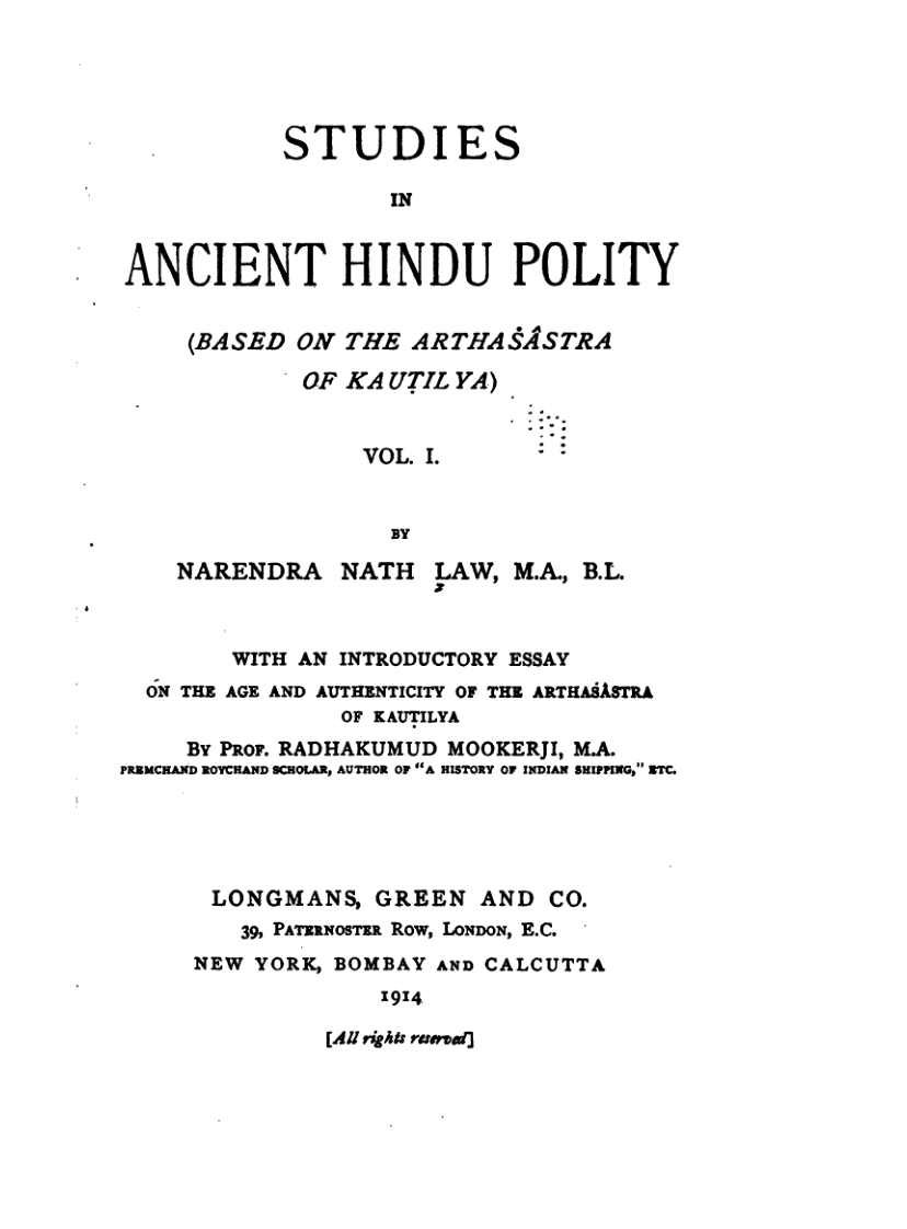Studies in Ancient Hindu Polity