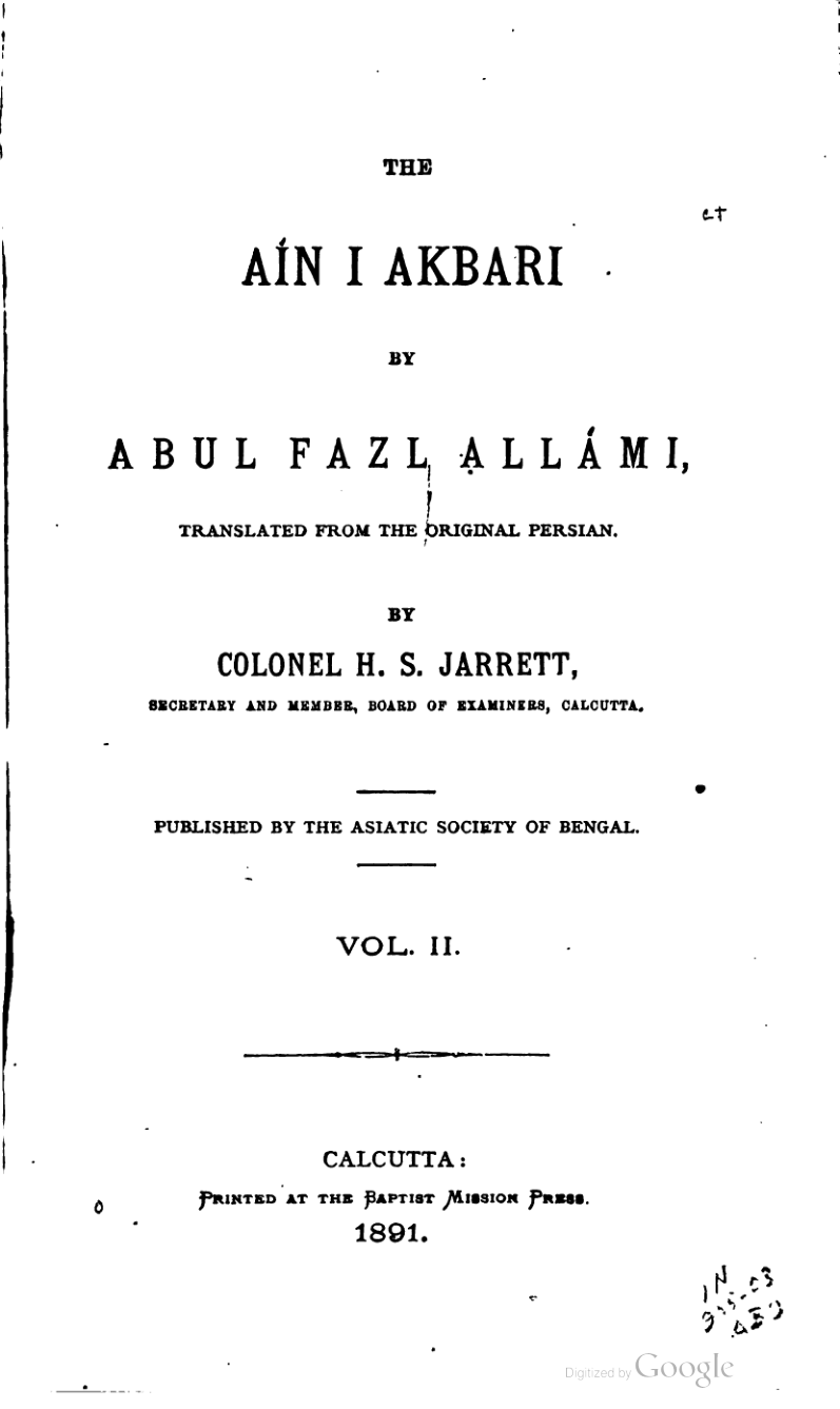 The Ain-I-Akbari Vol II (By ABUL FAZAL 'ALLAMI)