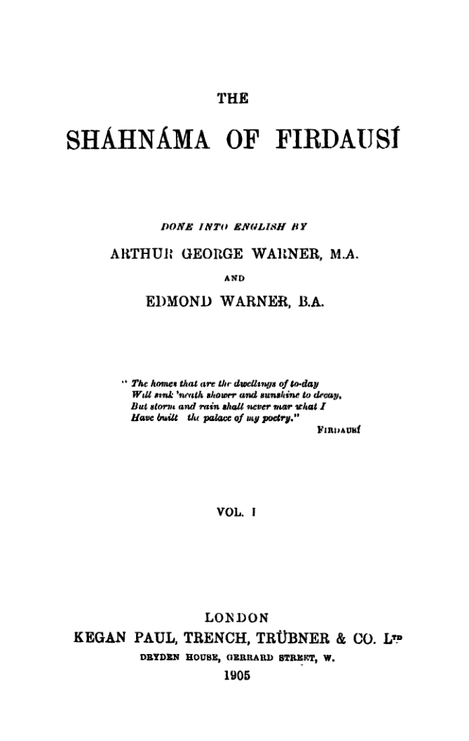 The Shahnama of Firdausi Vol 1