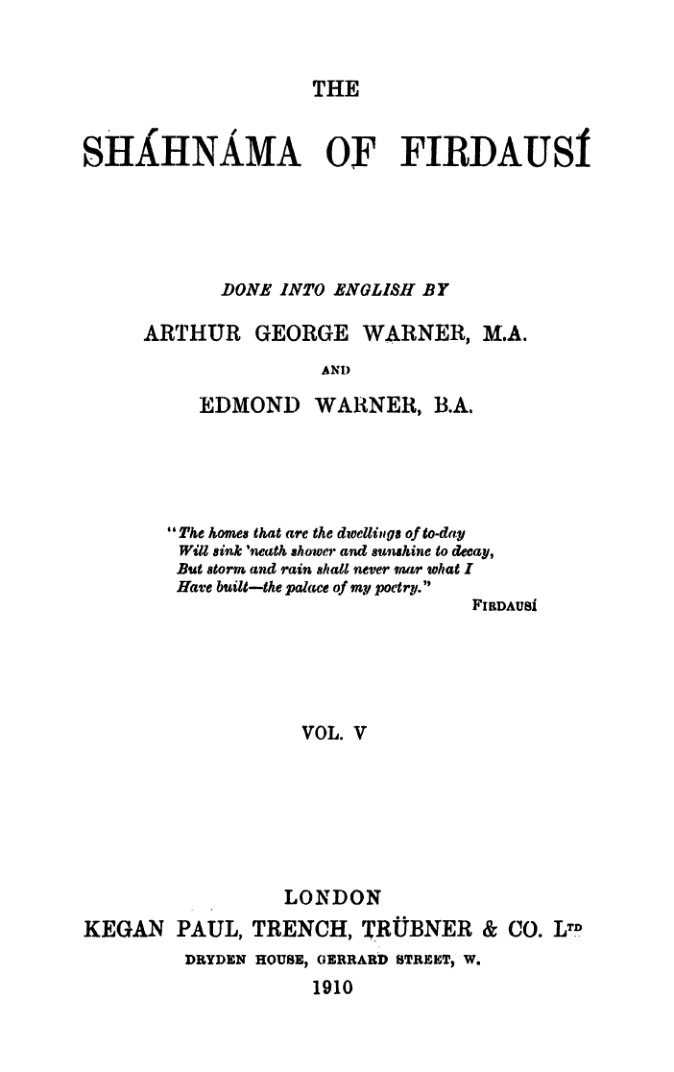 The Shahnama of Firdausi Vol 5