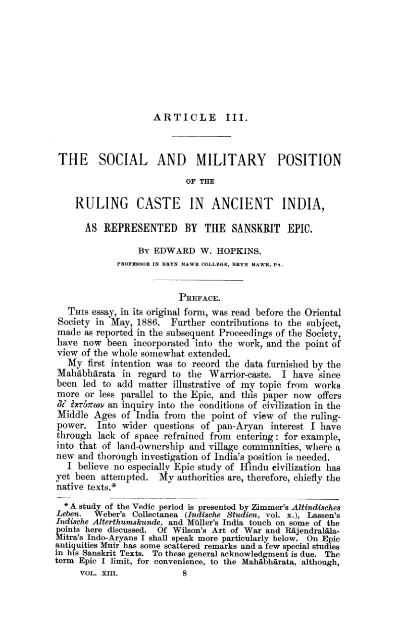 The Social and Military Position of the Ruling Caste in Ancient India, As Represented by the Sanscrit Epic