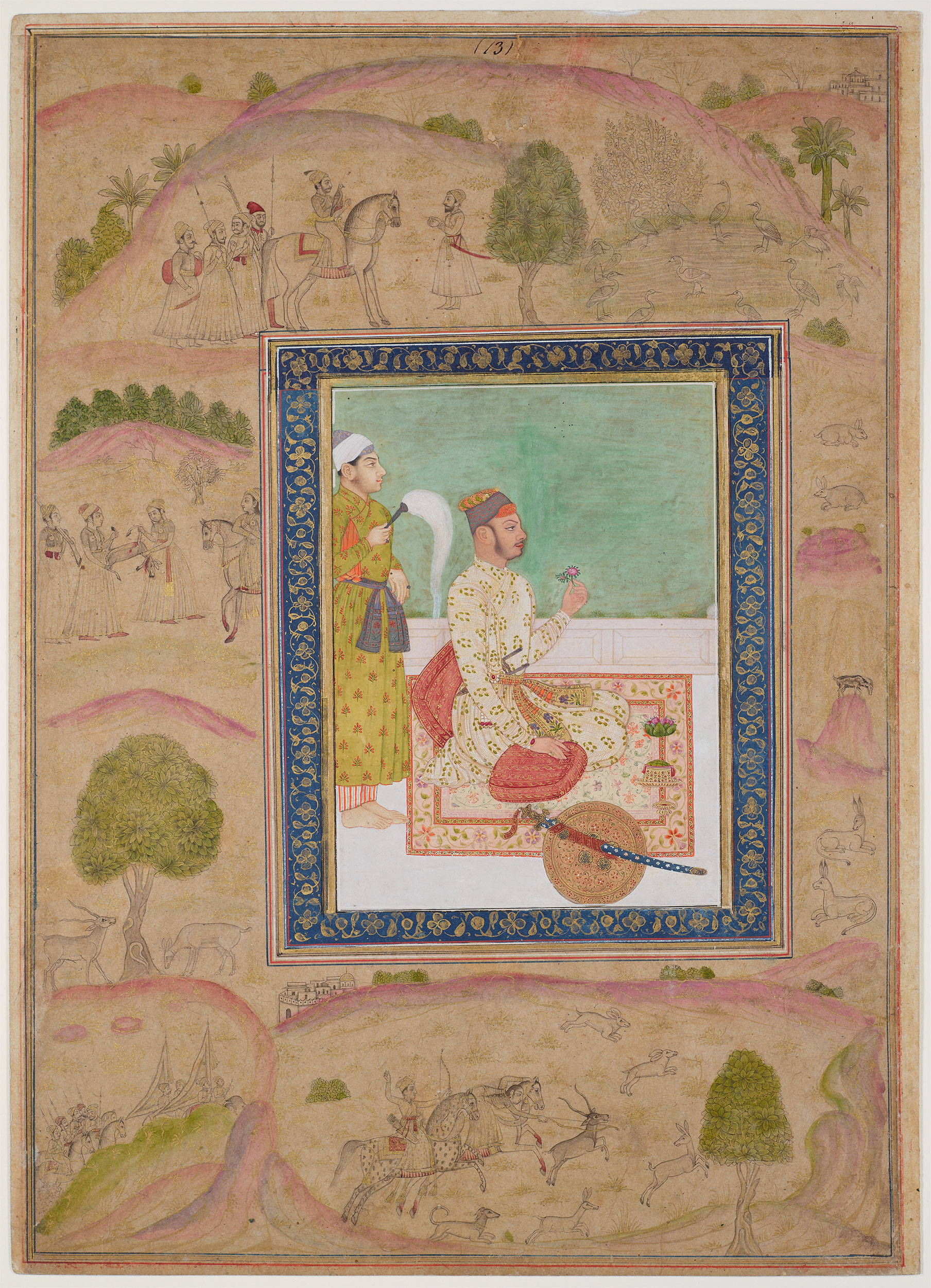 A seated nobleman holding a pink flower