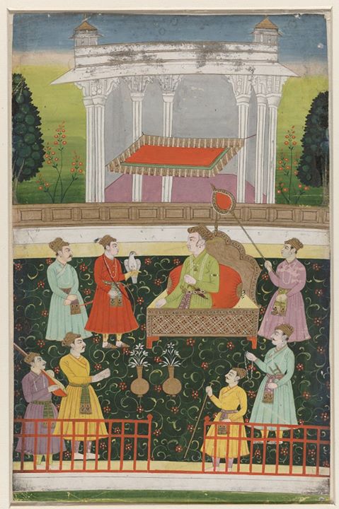 The Mughal Emperor Jahangir (1605-1627) sitting on a throne on a terrace under a canopy - ca.1675