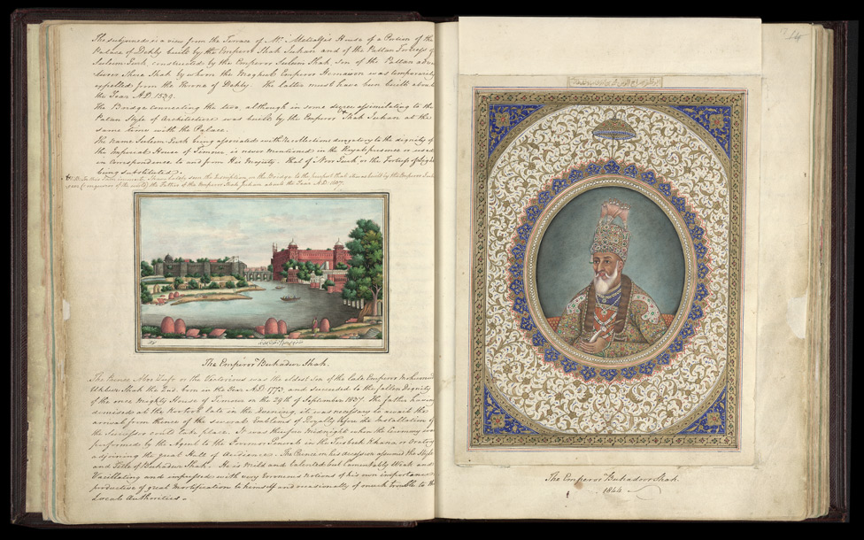 View of the Delhi palace from Metcalfe House (left), Portrait of the Emperor Bahadur Shah II (right)