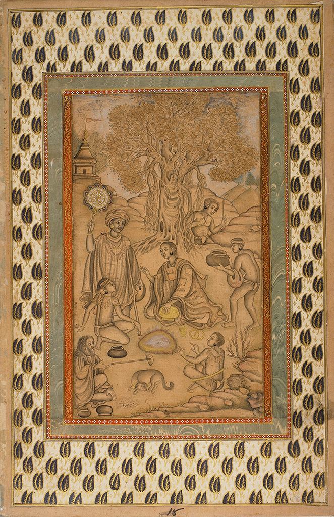 A Party of Kanphat Yogis Resting around a Fire By Mas�ud India, Mughal dynasty, 1630-40