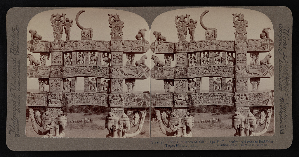 Strange records of ancient faith, 250 B. C. - sculptured gate to Buddhist Tope, Bhilsa, India