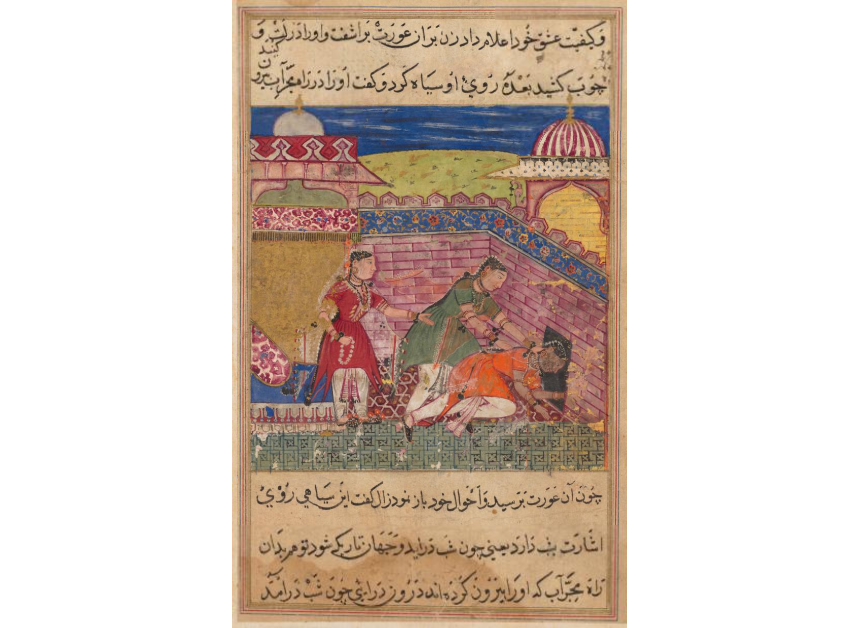 The deceitful wife ejects the procuress after blackening her face, from a Tuti-nama (Tales of a Parrot): Eighth Night