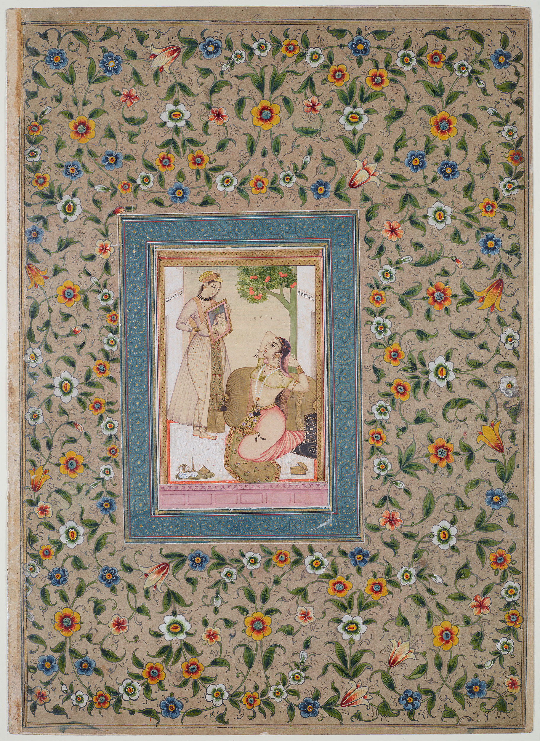 A lady looking at herself in a mirror held by a servant