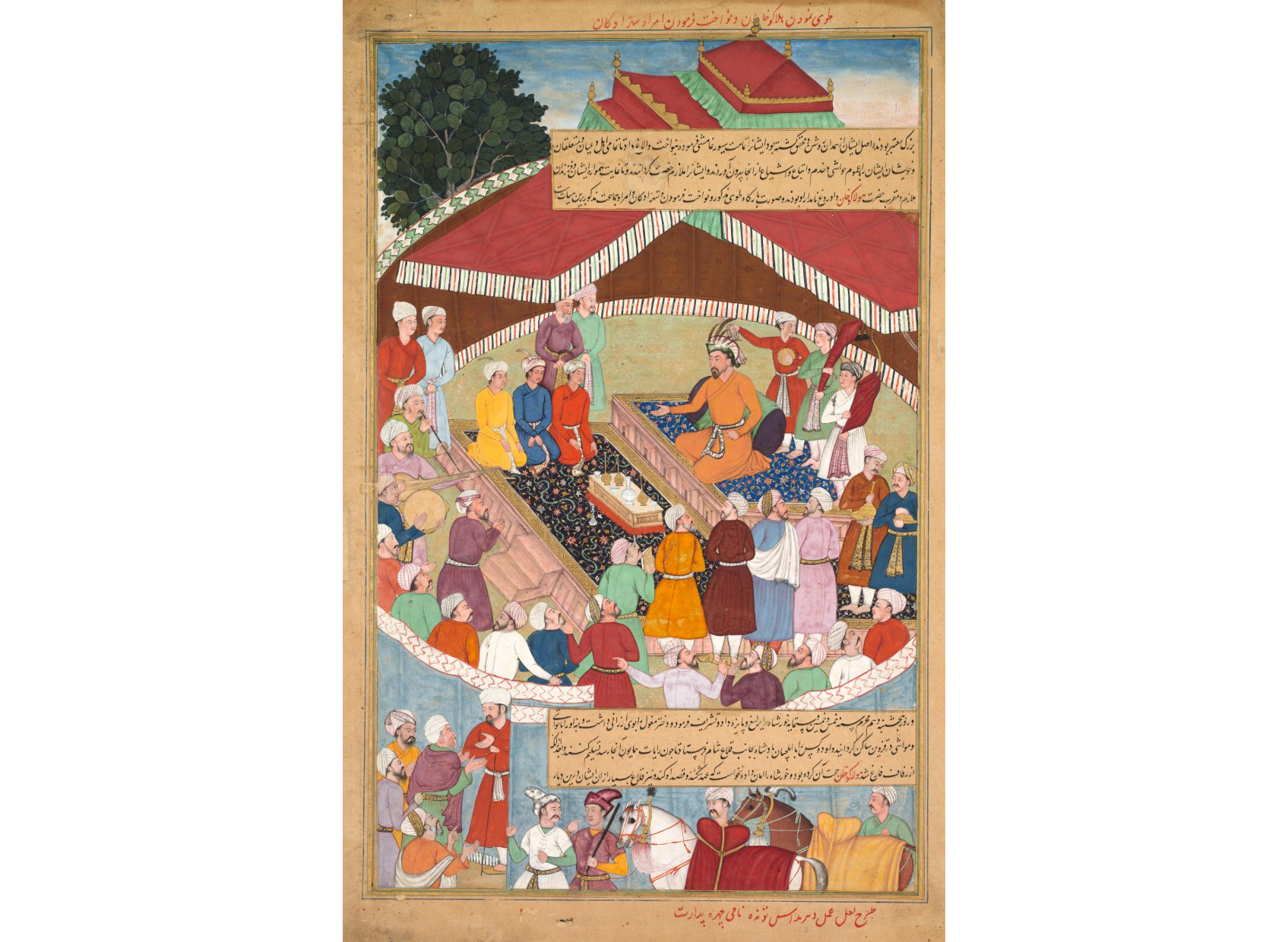 Hulagu Khan giving a feast and dispensing favor upon the amirs and princes, from a Chingiz-nama (Book of Chingiz Khan) of the Jami al-tavarikh (Compendium of Chronicles)