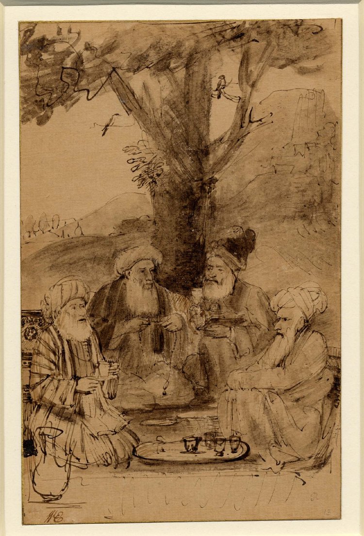 Four Orientals seated under a tree; bearded old men wearing turbans, seated in a half-circle on a terrace, one holding a cup, the other a book, a steep rocky outcrop behind. c.1656-1661