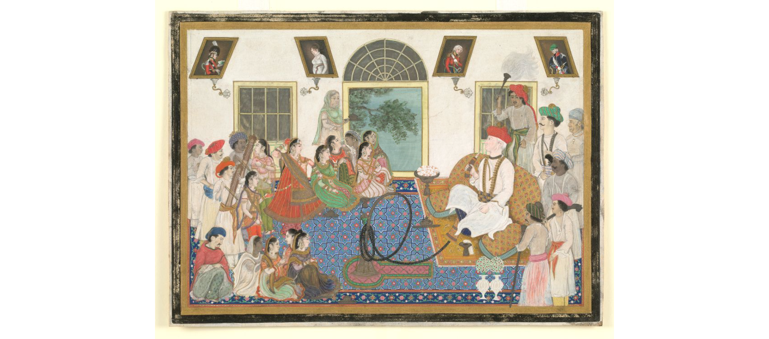 Sir David Ochterlony in Indian dress and smoking a hookah and watching a nautch in his house in Delhi